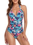 FLYILY Women's One Piece Swimsuit Sexy Halter Swimsuit Monokini Bathing Suit(1-NavyFlower,2XL)