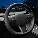 Carodi Custom-Fit Car Steering Wheel Cover for Tesla.Nappa Leather Ultra-Thin Steering Wheel Cover with Non-Slip Design and Interior of Car Accessories (for Tesla Model 3/Y) (Black) (TSL88)