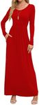 DEARCASE Maxi Dress for Women Red Large Crewneck Long Sleeves Wedding Guest A-line Plain Casual Empire Waist Flowy Party Vintage Spring Fall Winter Floor Dresses with Pocket