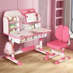 iondelce Kids Study Desk and Chair Set, Height Adjustable Children School Study Table Chair Set with Astronaut Pattern, Ergonomic Desk Chair with Large Writing Board, Bookshelf and Drawer (Pink A)