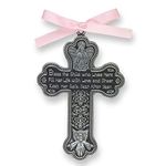 Bless The Child - GUARDIAN ANGEL Baby GIRL Crib Cross 4" PEWTER Medal - CHRISTENING - BABY SHOWER GIFT Baptism KEEPSAKE with PINK RIBBON GIFT BOXED