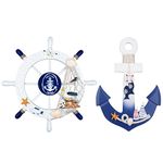 2 Pack 28 CM Nautical Wooden Ship Wheel and 28 CM Wood Anchor with Rope Nautical Beach Boat Steering Rudder Wall Decor Door Hanging Ornament Beach Theme Home Decoration(Blue&White)