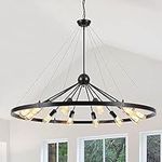 PUMING Wagon Wheel Chandelier 12 Light 43" Black Chandeliers for Dining Room Round Large Chandeliers for High Ceilings Living Room Kitchen Entryway Bedroom