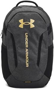 Under Armour Unisex-Adult Hustle 6.0 Backpack, (005) Black Full Heather/Black/Metallic Gold, One Size Fits Most