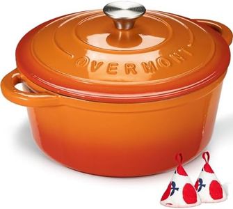 Overmont 6.6L Enamelled Cast Iron Round Casserole Pot With Lid Cookbook & Cotton Potholders - Non-stick Dutch Oven Cookware for Braising, Stews, Roasting, Bread Baking - Orange, 28cm