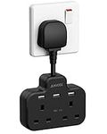 Multi Plug Extension Lead Short Cable with 3 USB Ports, ANVODE 2 Way Plug Adaptor with Flexible Plug, Extension Wall Sockets Adapter for Bedroom, Office and Kitchen (Black)