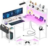 Aheaplus Small L Shaped Gaming Desk with LED Lights & Power Outlets, Reversible L-Shaped Computer Desk with Monitor Stand & Storage Shelf, Corner Desks Home Office Desk with Storage Bag, White