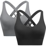 ANGOOL Women Sports Bra, Padded Removable Seamless Activewear Bras, Racerback Crisscross Strappy Athletic Bras, Support Workout Bralette for Yoga Gym Workout Fitness,Black+Gray,M