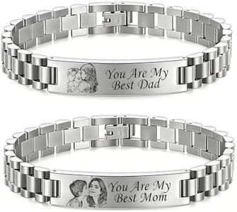Custom Picture Bracelet Personalized Photo Couple Bracelets for Him&Her-Sketch Text Engravable ID Link Chain Cubic Zirconia Wristband Customize for Men Women BF and GF Strap Style (Silver- A PAIR)