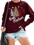 Fawniss Christmas Women Sweatshirt Leopard Plaid Xmas Trees Shirt Letter Print Long Sleeve (Wine-Red, Large)