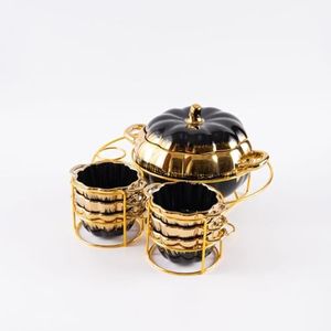 CVQWRJH Ceramic Pumpkin Pot Soup Bowl Set with Lid and Handles Pumpkin Shape Soup Serving Pot Storage Jar for Fall Thanksgiving Halloween Party Kitchen Dessert Decoration,Black