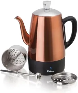 Euro Cuisine PER08 Stainless Steel Electric Coffee Percolator, 8 Cup, Polished Copper Finish, Dripless Gooseneck Spout, Clear Glass Knob, Brewing Indication, Keep-Warm Function, Detachable Cord