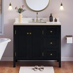 DWVO 36" Bathroom Vanity with Sink Combo, Modern Bathroom Storage Cabinet with Sintered Stone Countertop & Splash Guard, Three Holes, 2 Doors & 3 Drawers, Black