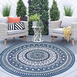 Cekene Round Outdoor Rugs for Patios Waterproof 150cm Reversible Camping Mat and Rug Plastic Outdoor Rugs for Garden Large Floor Area Rug for Outdoors Garden RV Trailer Backyard Deck Picnic Blue