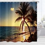 BROSHAN Beach Fabric Shower Curtain, Hawaii Seaside Sunset Tropical Palm Tree Nature Landscape Bath Curtain, Summer Waterproof Fabric Bathroom Decor Set with Hooks,72x72