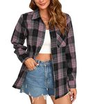 Stamain Womens Flannel Checked Shirts Casual Long Sleeve Pink Check Shirt Ladies Classic Plaid Blouses Top with Pockets L