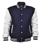 Men's Varsity Jacket Genuine Leather Sleeve and Wool Blend Letterman Boys College Varsity Jackets XXS-5XL (Navy Blue/White, X-Large)