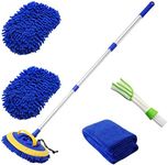 2 in 1 Microfiber Car Wash Mop Mitt with 45" Aluminum Alloy Long Handle,Chenille Car Cleaning Kit Brush Duster with Scratch Free for Washing Car/Truck/RV,2 Mop Head and 1 Towels and Air Vent Duster