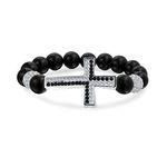 Sideways Cross Diagonal Black Onyx White Pave Crystal Stretch Bracelet for Men for Women Rhodium Plated Alloy