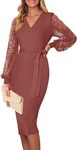 MEROKEETY Sweater Dress for Women 2024 Bishop Sleeve V Neck Semi Formal Business Work Pencil Dresses, Brickred, Large