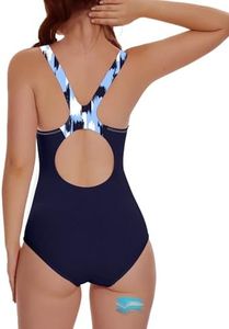 Beautikini Period Swimwear One Piece Racerback Training Bathing Suit Women Period Swimsuits for Teen Girls Ages 11-14(Navy Blue Camouflage White XX-Small)