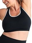 SHAPERMINT Seamless Racerback Wireless Sports Bra for Women with Removable Cups | Low Compression Womens Workout Tops | from Small to Plus Size Bras, 3X-Large, Black with White Trim