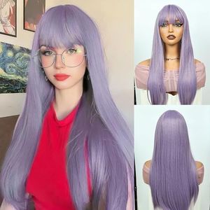 QUEENTAS Purple Wigs for Women 24in Long Straight Wig With Bang Synthetic Hair Wig For Girl Emo Cosplay And Daily Use