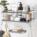 KINCMAX Premium Shower Caddy with Soap Holder - Adhesive Bathroom Shower Organizer and Storage w/ 4 Hooks, No Drill Shower Shelves for Inside Shower, Rustproof Stainless Steel Shower Rack, Silver