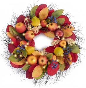 Valery Madelyn Fall Wreaths for Front Door Outside,24" Farmhouse Autumn Door Wreath with Lights pears,pomegranates apples,Outdoor Fall Decorations for Home Porch Thanksgiving Harvest Table Centerpiece