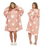 Dreamscene Heart Print Hoodie Blanket Blush, Oversized Blanket Hoodie Women Sherpa Lined Soft Fluffy Warm Snuggle Hoodie for Girls Comfy Fleece Wearable Blanket