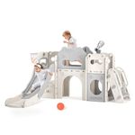 Kids Slide,7 in 1 Toddler Slide for Toddlers, Extra-Long Slide with Basketball Hoop Indoor and Outdoor Baby Climber Playset Playground Freestanding Slide (rice-grey)