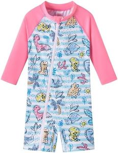UMELOK Baby Girls' One Piece Swimsuit Infant Swimwear Rash Guard Swim Suit Full Zip with Long Sleeve UPF 50+ Sun Protection Swimsuit Pink, Blue Striped Dinosaur,9M