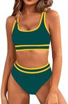 BMJL Womens Tummy Control Swimsuit High Waisted Two Piece Bikini Sets Athletic Color Block High Cut Swimwear(S,Blackish Green)