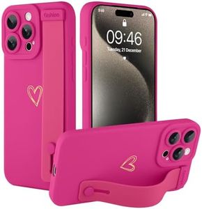 Ufbara Compatible with iPhone 15 Pro Max Case for Women Men, Cute Love Heart Pattern, Built in Adjustable Metal Wrist Strap Grip Hand Holder Kickstand Soft Silicone Cover, Hot Pink