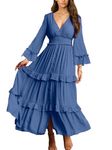 Amegoya Women's Casual Short Sleeve V Neck Floral Maxi Dresses Boho Beach Photoshoot Flowy Ruffle Long Dress, 5-dusty Blue, S