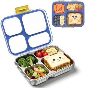 Reeple Stainless Steel Lunch Box for Kids, Leakproof 4 Compartment Kids Bento Lunch Box with Clear Lid, BPA-Free Steel Lunch Box Containers for School Travel (Blue)
