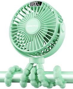 SWEETFULL Portable Stroller Fan, with Display 4000mAh Battery Powered Mini Clip On Fan, 4-Speed Rechargeable Small Personal Fan Handheld Desk Cooling Fan for Baby Car Seat Crib Travel Green