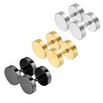 Cupimatch 3 Pairs Punk Hip-hop Stainless Steel Men Faux Gauge Illusion Tunnel Ear Plug Stud Earrings (9 MM)