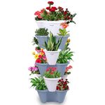 POTS4NATURE 6 Tier Stacking Pots for Garden Vertical Flowers Vegetables Strawberries Herbs Plastic Planter Pots for Indoor/Outdoor, Terrace, Balcony, Patio (White & Grey)