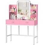 Vanity Desk, Makeup Vanity Desk with Mirrors, Vanity Set with 2 Storage Drawers and Open Shelves, 3 Colors LED Brightness Adjustable Dressing Table, Makeup Desk for Girls and Women, Pink