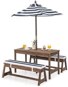 HONEY JOY Kids Picnic Table, Outdoor Wooden Table & Bench Set w/Removable Cushions and Umbrella, Stripe Fabric, Children Backyard Furniture for Patio Garden, Gift for Toddler Boys Girls Age 3+(Blue)