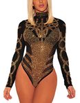 MAYFASEY Women Sexy Rhinestone Mesh Long Sleeve Turtleneck Bodysuit See Through Leotard Tops, Black, XXL