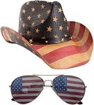 grinderPUNCH Classic American Flag Cowboy Hat (Brown & Sunglasses Combo)