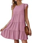 KIRUNDO Women's Summer Dresses Sleeveless Ruffle Sleeve Round Neck Solid Loose Short Flowy Pleated Mini Babydoll Dress(Pink, Small)