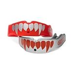 Battle Fangs Football Mouthguard – Sports Mouth Guard with Removable Strap – Protector Mouthpiece Fits With or Without Braces on Teeth – Adult & Youth Mouth Guard Sizes, 2 Pack, Youth (Age 9 & Below), Red/Silver
