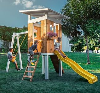 Avenlur Modern Outdoor Backyard Swing Set Children's Rock Climbing Wood Playground Playset 2 Belt Swings, Clubhouse Fort, Windows, Ladder, Wavy Slide Toddlers, Kids Climbers Play Adventure Rock 3-11yr