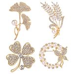 NANJIL 4 Pack Elegant Brooch Pins with Rhinestones, Four-leaf Clover, Ginkgo Leaves, Butterflies, Wheat Designs for Women