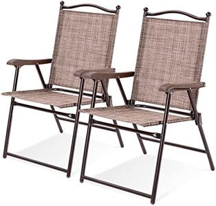 Costway Set of 2 Patio Folding Chairs, Indoor Outdoor Folding Chairs with Armrests, Steel Frame, Weather Resistant Portable Dining Seating Textilene Lounge for Lawn, Backyard, Deck (Coffee)