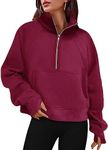 Women's Sweatshirts Fleece Lined Half Zipper Crop Pullover Tops Funnel Neck Long Sleeve Sweater Thumb Hole Wine Red