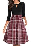 YATHON Women's Vintage Floral Flared A-Line Swing Casual Party Dresses with Pockets (M, YT018-Red Plaid-3/4)